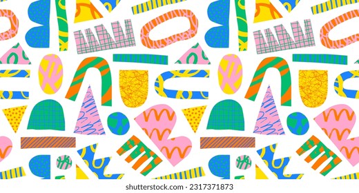 Modern abstract art seamless pattern illustration with colorful hand drawn shapes. Trendy contemporary background , random freehand doodle drawings, basic collage shape children design.