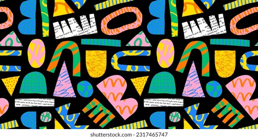 Modern abstract art seamless pattern illustration with colorful hand drawn shapes. Trendy contemporary background , random freehand doodle drawings, basic collage shape children design.