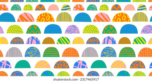 Modern abstract art seamless pattern illustration with colorful hand drawn shapes. Trendy contemporary background, random freehand doodle drawings, basic collage shape children design.