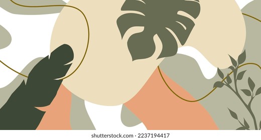 Modern abstract art vector leaves pattern, hand drawn template leaves and line art.