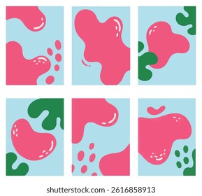 Modern abstract art vector set. Fluid pink and green organic shapes on light blue.