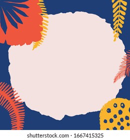 Modern abstract art in yellow, red, pink, blue. Dark blue background. Gentle frame with the text place and tropical leaves. Perfect for greeting card, poster, social media post, banner.