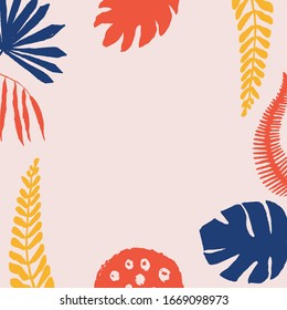 Modern abstract art in yellow, red, pink, blue. Gentle pink background. Gentle frame with the text place and tropical leaves. Perfect for greeting card, poster, social media post, banner.