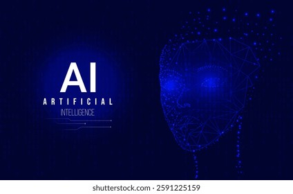 Modern abstract artificial intelligence image. Human face with AI text generated by digital circuit on blue background for web banner or poster design.