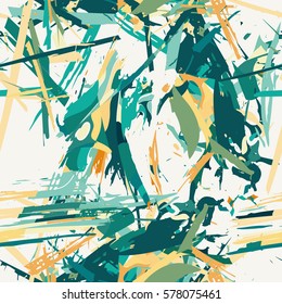 Modern abstract artistic background in trendy colors and grunge style. Repeating irregular hand drawn texture perfect for interior decor, wallpapers and fabrics. Vector seamless pattern.
