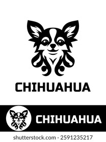 A modern, abstract and artistic Chihuahua logo design featuring a black and white stylized dog face