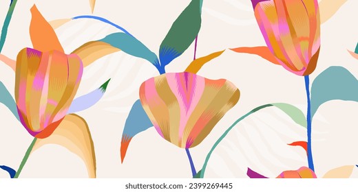 Modern abstract artistic flowers pattern. Bohemian botanical contemporary seamless pattern. Hand drawn unique print.
