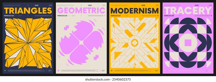 Modern abstract artwork collection, vector minimalistic posters with geometric shapes, brutalism style inspired graphic, bold Y2k futuristic aesthetic, form distortion effect, color set 2