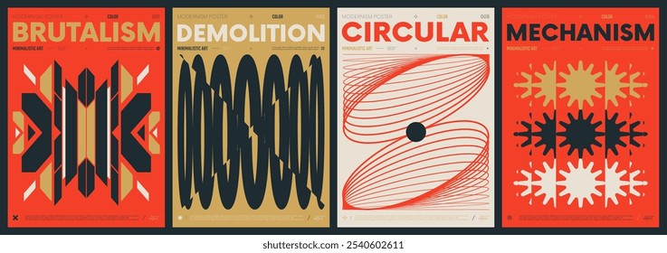 Coleção de arte abstrata moderna, pôsteres minimalistas vetoriais com formas geométricas, gráfico inspirado estilo brutalismo, estética futurista Y2k negrito, efeito de distorção de forma, conjunto de cores 1