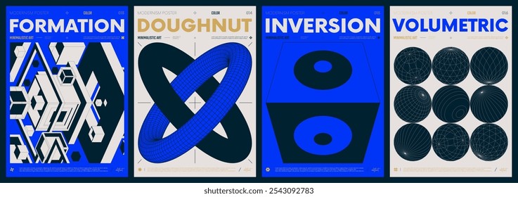 Modern abstract artwork collection, vector minimalistic posters with geometric shapes, brutalism style inspired graphic, bold Y2k futuristic aesthetic, form distortion effect, color set 4
