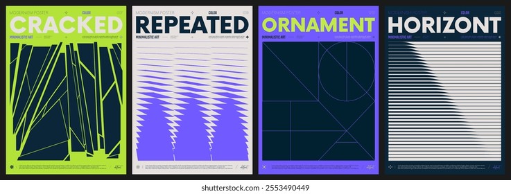 Modern abstract artwork collection, vector minimalistic posters with geometric shapes, brutalism style inspired graphic, bold Y2k futuristic aesthetic, form distortion effect, color set 5