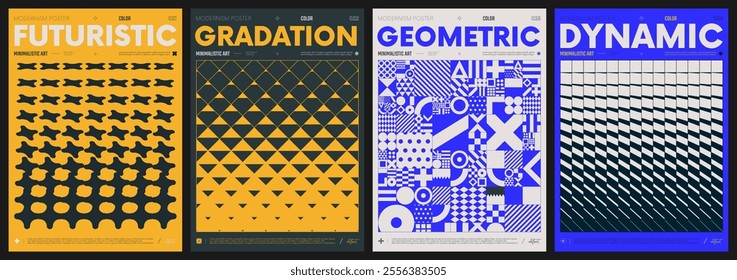 Modern abstract artwork collection, vector minimalistic posters with geometric shapes, brutalism style inspired graphic, bold Y2k futuristic aesthetic, form distortion effect, color set 6