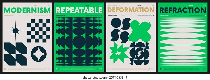 Modern abstract artwork collection, vector minimalistic posters with geometric shapes, brutalism style inspired graphic, bold Y2k futuristic aesthetic, form distortion effect, color set 8