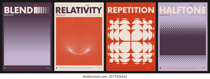 Modern abstract artwork collection, vector minimalistic posters with geometric shapes, brutalism style inspired graphic, bold Y2k futuristic aesthetic, form distortion effect, color set 9