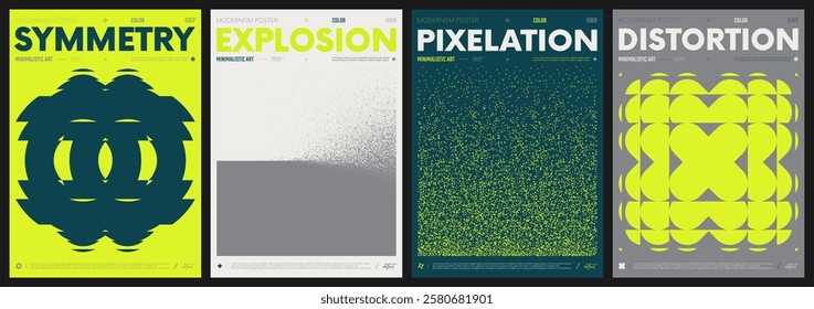 Modern abstract artwork collection, vector minimalistic posters with geometric shapes, brutalism style inspired graphic, bold Y2k futuristic aesthetic, form distortion effect, color set 10