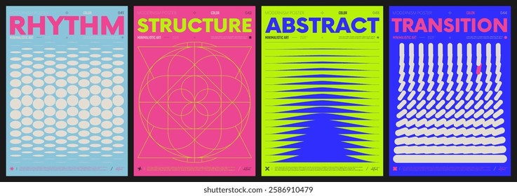 Modern abstract artwork collection, vector minimalistic posters with geometric shapes, brutalism style inspired graphic, bold Y2k futuristic aesthetic, form distortion effect, color set 11