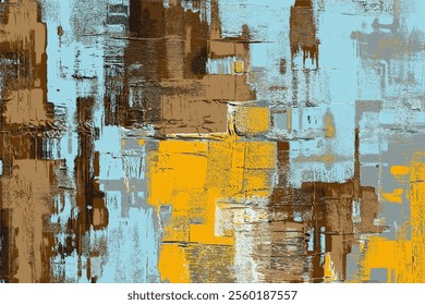 Modern abstract artwork featuring bold contrasts of sky blue, earthy brown, and vibrant yellow with layered brushstrokes and textures, creating an industrial yet lively artistic composition