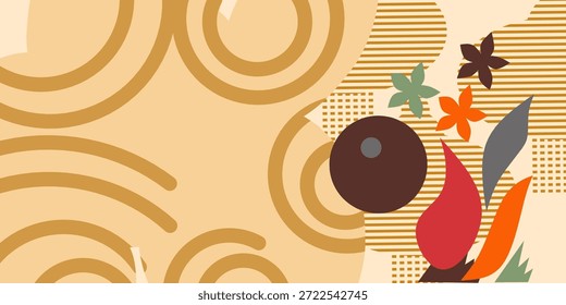 Obra de arte abstracta moderna con patrones retro, Elementos florales audaces y tonos beige cálidos. Perfecto para fondos digitales, carteles o decoración con estilo.  