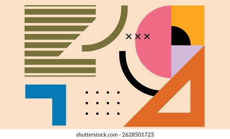 Arte abstrata moderna com setas gráficas, linhas, quadrados, semicírculos e pontos em laranja, azeitona, rosa e azul-petróleo sobre bege macio.