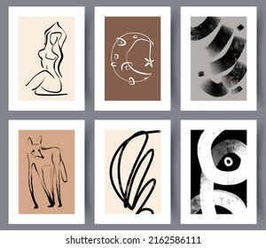 Modern abstract artwork posters or banners for print collection. Minimalistic hand drawn art wall decorations set. Interior design. Vector illustration. 