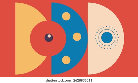 Arte abstrata moderna com semicírculos segmentados, pontos e um alinhamento central em camadas sobre um fundo vermelho, fornecendo uma composição dinâmica e colorida.