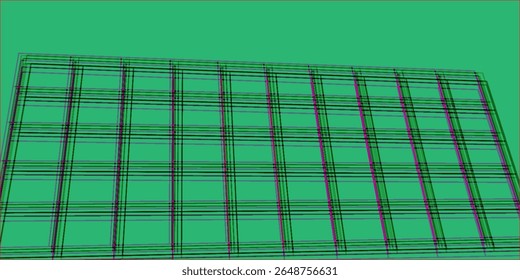 Modern abstract artwork showcasing a grid pattern on a vibrant green background, accented by purple and black lines. Ideal for background designs, artistic illustrations