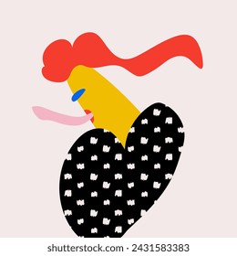 Modern abstract artwork. Talkative woman in heart-shaped dress represent purity and innocence. Vector illustration in surrealistic art style. Concept of potential of Generation Z, social culture.