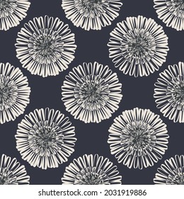 Modern abstract aster flower seamless pattern vector background. Geometric repeat with white black fall florals on light backdrop. Botanical lino print style design. Simple monochrome nature  print