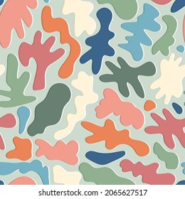 Modern abstract asymmetric shapes and spots vector seamless pattern for textile, fabric, wallpapers, wrapping paper and other print and design. Trendy pastel palette vector illustration.