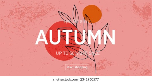 Modern Abstract Autumn Design with Graphic Memphis Element. Background Patterns in Retro Style for Advertising, Web, Social Media, Poster, Banner, Cover. Sale offer 50%. Vector Illustration