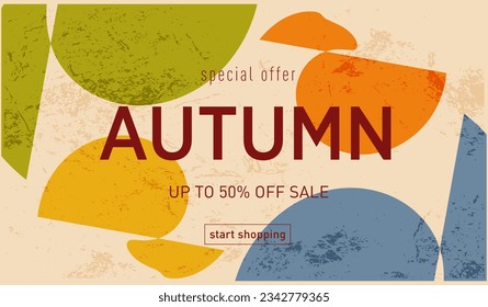 Modern Abstract Autumn Design with Graphic Memphis Element. Background Patterns in Retro Style for Advertising, Web, Social Media, Poster, Banner, Cover. Sale offer 50%. Vector Illustration