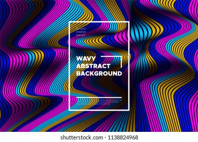 Modern Abstract Background with 3d Effect. Wave Texture with Colorful Distorted Lines. Creative Optical Illusion. Futuristic Style. Bright Abstract Background with Volumetric Striped Shapes. Eps10.