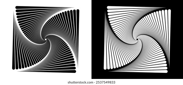 Fondo abstracto moderno con 
Cuadrados de arte en rotación. Elemento de diseño o icono con líneas. Forma negra sobre un fondo blanco y la misma forma blanca en el lado negro.