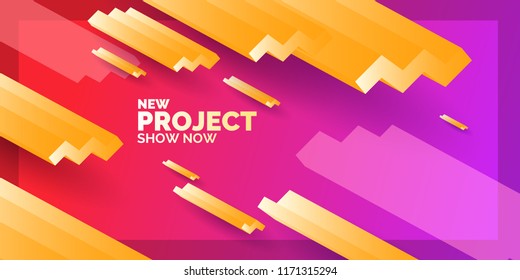 Modern abstract background. Banner with waves of different sizes and with three-dimensional geometric shapes, Vector illustration.