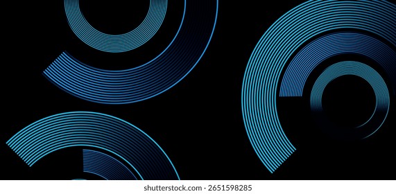Fundo abstrato moderno com linhas curvas azuis em preto. Formas circulares futuristas e design digital inspirado na tecnologia. Ideal para web, aplicativos, apresentações ou temas de tecnologia. Vetor EPS10.
