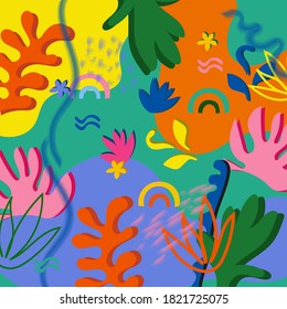 
Fondo abstracto moderno con una vegetación brillante y colores vivos.
Composición decorativa vectorial.