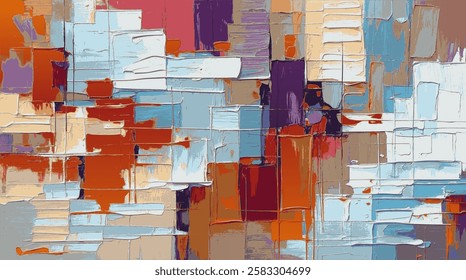 Modern abstract background. Brushstrokes are thick and textured, giving the impression of layered paint and rough surfaces. Fragmented forms resemble mosaic of urban structures