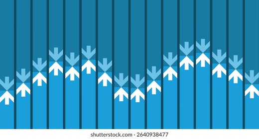 Modern abstract background with certical blue bars and white down-pointing arrows, ideal for business presentations, infographics, highlighting cause-and-effect or listed items.