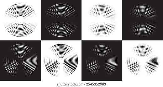 Fundo abstrato moderno. Desenhos de pontos de meio-tom de círculo. Coleção de modelos redondos, elementos de design. Versão em preto-e-branco de cada design incluído