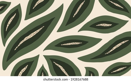 Modern abstract background with colorful green leaves on pastel background. Vector creative hand drawn pattern for banner, cover, invitation, placard, social media. Horizontal minimal design