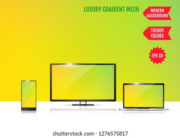 Modern abstract background. Colors transition concept. Gradient mesh. Trendy colored Surface. An example of the use of the proposed background on the screen of a laptop, smartphone and TV
