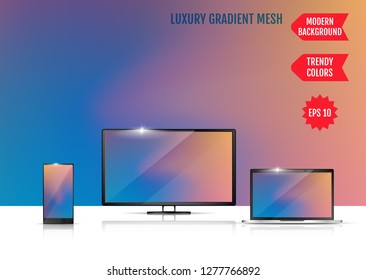 Modern abstract background. Colors transition concept. Gradient mesh. Trendy colored Surface. An example of the use of the proposed background on the screen of a laptop, smartphone and TV