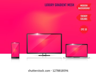 Modern abstract background. Colors transition concept. Gradient mesh. Trendy colored Surface. An example of the use of the proposed background on the screen of a laptop, smartphone and TV