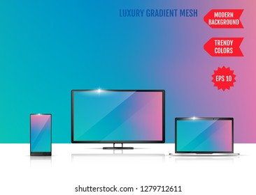 Modern abstract background. Colors transition concept. Gradient mesh. Trendy colored Surface. An example of the use of the proposed background on the screen of a laptop, smartphone and TV