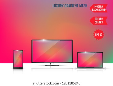 Modern abstract background. Colors transition concept. Gradient mesh. Trendy colored Surface. An example of the use of the proposed background on the screen of a laptop, smartphone and TV