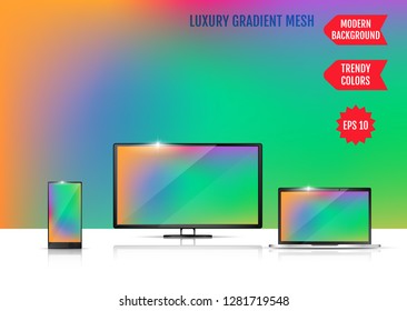 Modern abstract background. Colors transition concept. Gradient mesh. Trendy colored Surface. An example of the use of the proposed background on the screen of a laptop, smartphone and TV