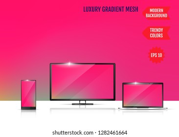 Modern abstract background. Colors transition concept. Gradient mesh. Trendy colored Surface. An example of the use of the proposed background on the screen of a laptop, smartphone and TV