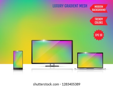 Modern abstract background. Colors transition concept. Gradient mesh. Trendy colored Surface. An example of the use of the proposed background on the screen of a laptop, smartphone and TV