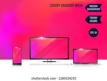 Modern abstract background. Colors transition concept. Gradient mesh. Trendy colored Surface. An example of the use of the proposed background on the screen of a laptop, smartphone and TV