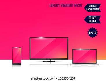 Modern abstract background. Colors transition concept. Gradient mesh. Trendy colored Surface. An example of the use of the proposed background on the screen of a laptop, smartphone and TV